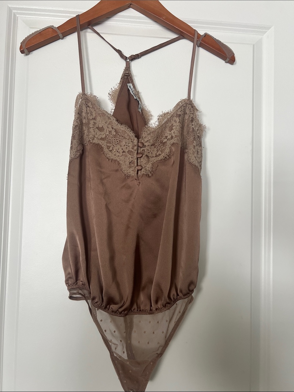 Abercrombie & Fitch Lace-Trim Satin Bodysuit in Brown